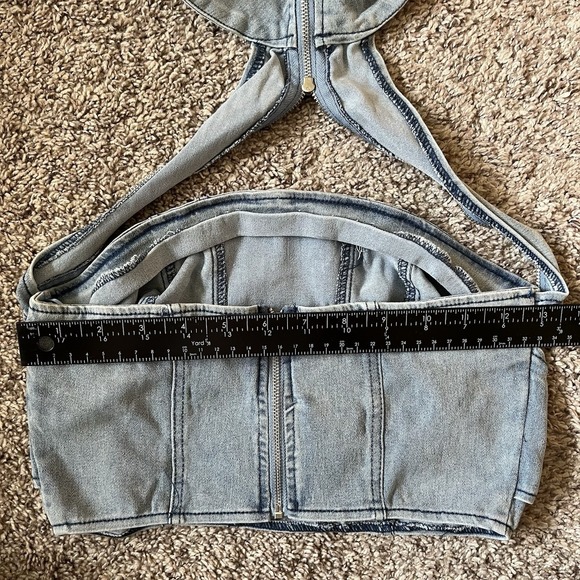 Denim Corset Crop Top Size Small w/Zipper Halter Neck Light-Wash - Picture 7 of 10